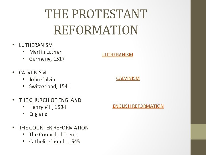 THE PROTESTANT REFORMATION • LUTHERANISM • Martin Luther • Germany, 1517 • CALVIINISM •