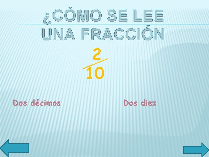 ¿CÓMO SE LEE UNA FRACCIÓN 2 10 Dos décimos Dos diez 