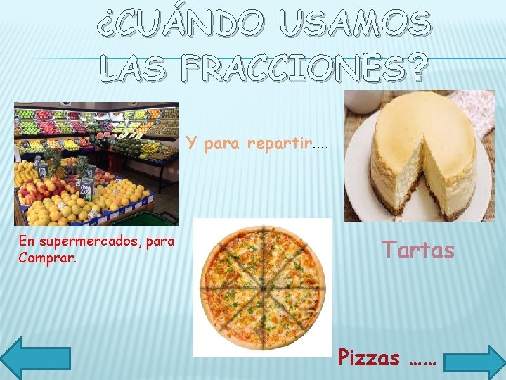 ¿CUÁNDO USAMOS LAS FRACCIONES? Y para repartir…. En supermercados, para Comprar. Tartas Pizzas ……