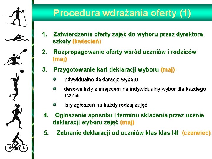 Procedura wdrażania oferty (1) 1. Zatwierdzenie oferty zajęć do wyboru przez dyrektora szkoły (kwiecień)