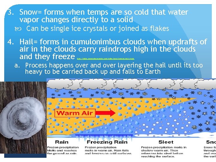 3. Snow= forms when temps are so cold that water vapor changes directly to