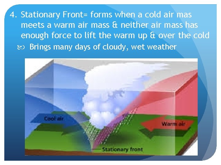 4. Stationary Front= forms when a cold air mas meets a warm air mass