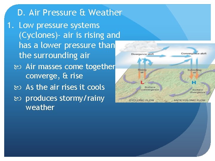D. Air Pressure & Weather 1. Low pressure systems (Cyclones)- air is rising and