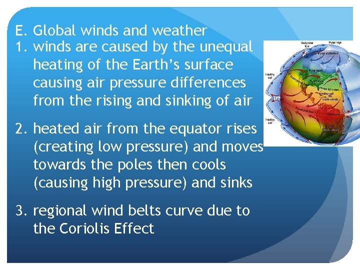 E. Global winds and weather 1. winds are caused by the unequal heating of