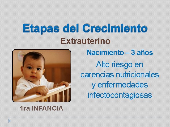 Etapas del Crecimiento Extrauterino Nacimiento – 3 años Alto riesgo en carencias nutricionales y