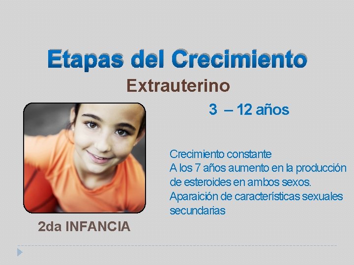 Etapas del Crecimiento Extrauterino 3 – 12 años Crecimiento constante A los 7 años