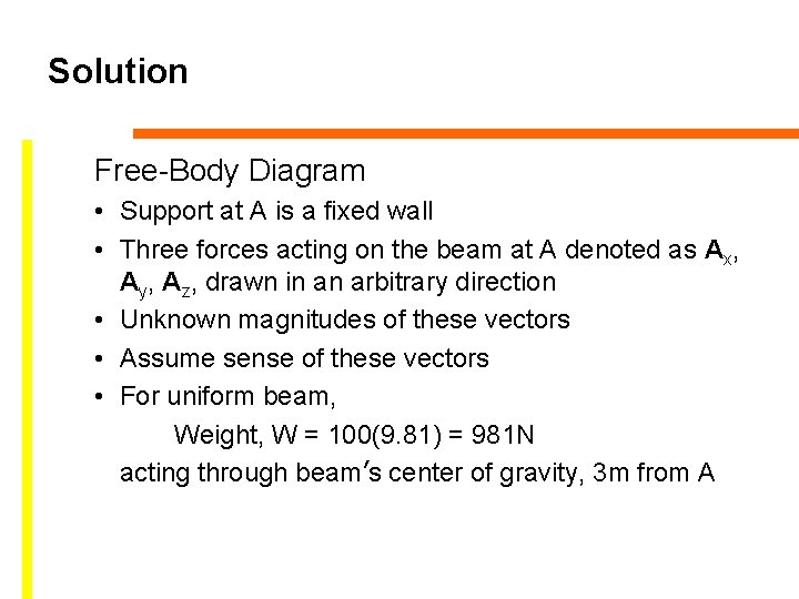 Solution Free-Body Diagram • Support at A is a fixed wall • Three forces