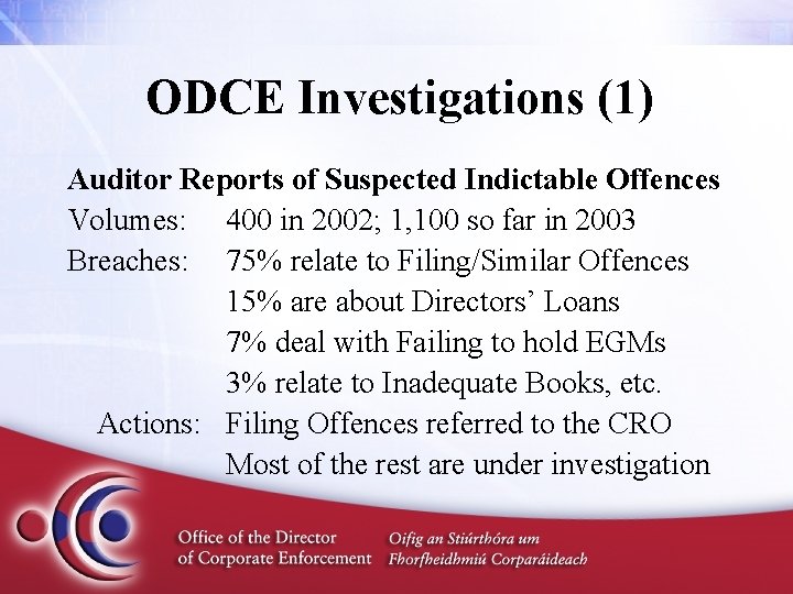 ODCE Investigations (1) Auditor Reports of Suspected Indictable Offences Volumes: 400 in 2002; 1,