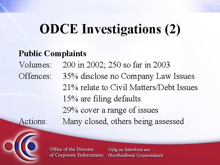 ODCE Investigations (2) Public Complaints Volumes: 200 in 2002; 250 so far in 2003