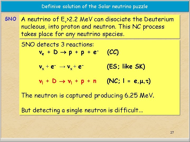 Definive solution of the Solar neutrino puzzle SNO A neutrino of En>2. 2 Me.