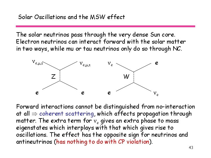 Solar Oscillations and the MSW effect The solar neutrinos pass through the very dense