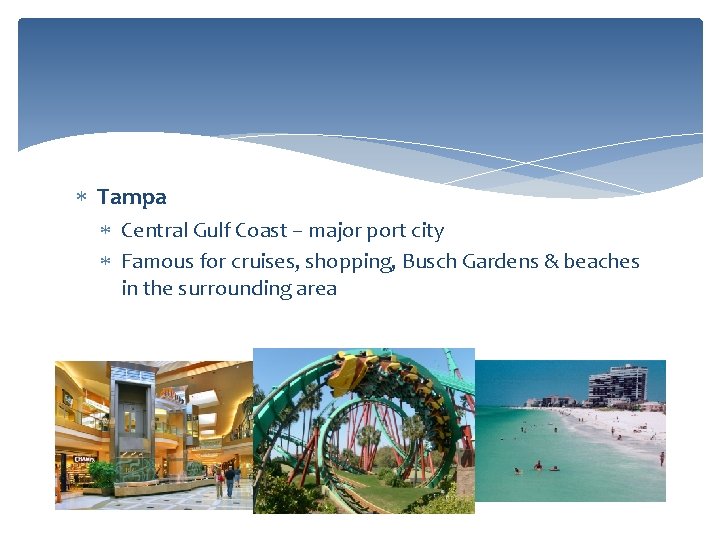  Tampa Central Gulf Coast – major port city Famous for cruises, shopping, Busch