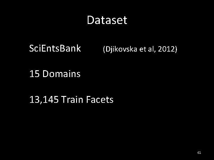 Dataset Sci. Ents. Bank (Djikovska et al, 2012) 15 Domains 13, 145 Train Facets