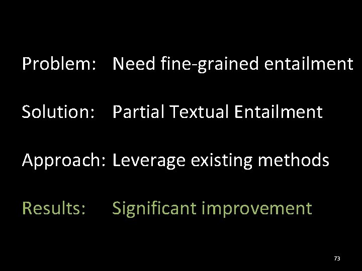 Problem: Need fine-grained entailment Solution: Partial Textual Entailment Approach: Leverage existing methods Results: Significant