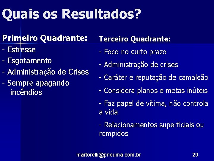 Quais os Resultados? Primeiro Quadrante: Terceiro Quadrante: - Estresse - Esgotamento - Administração de