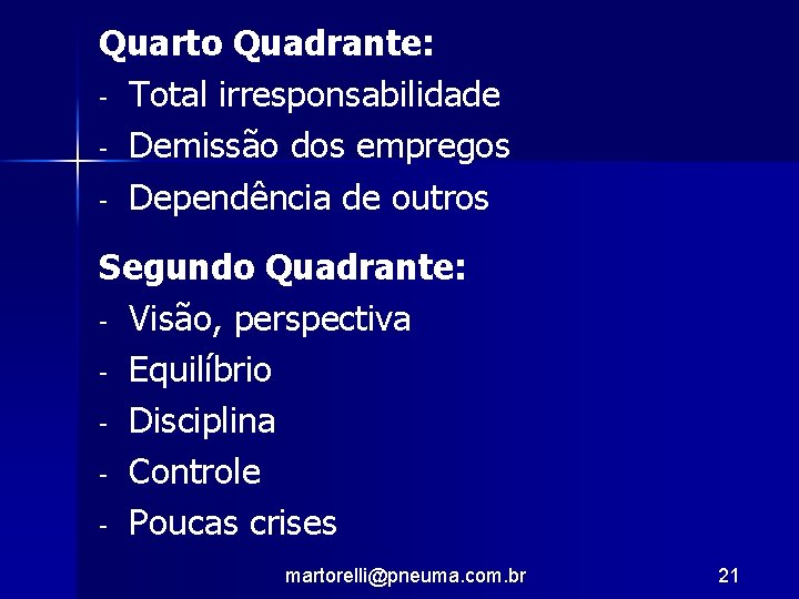 Quarto Quadrante: - Total irresponsabilidade - Demissão dos empregos - Dependência de outros Segundo