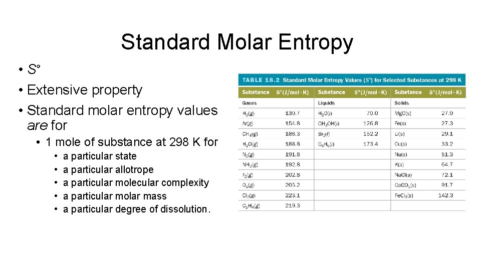 Standard Molar Entropy • S° • Extensive property • Standard molar entropy values are