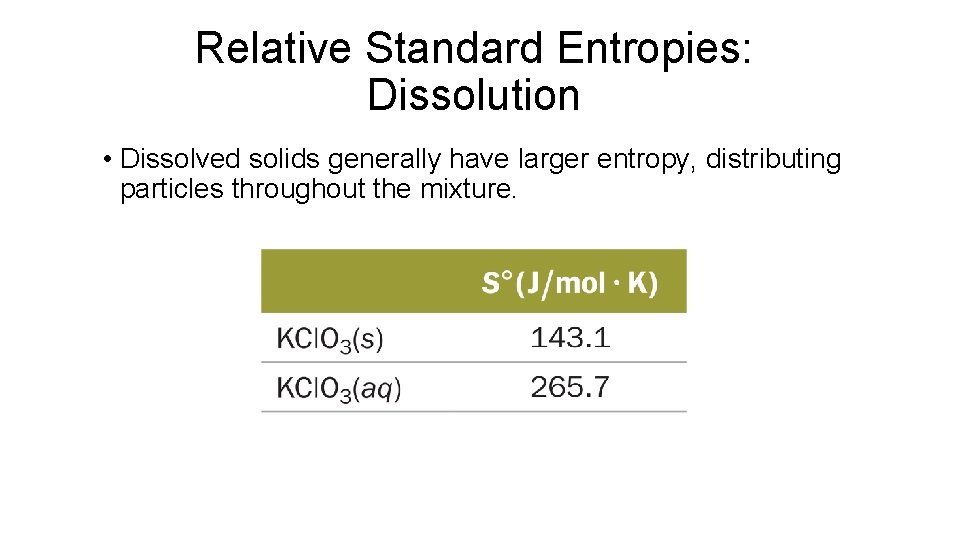 Relative Standard Entropies: Dissolution • Dissolved solids generally have larger entropy, distributing particles throughout