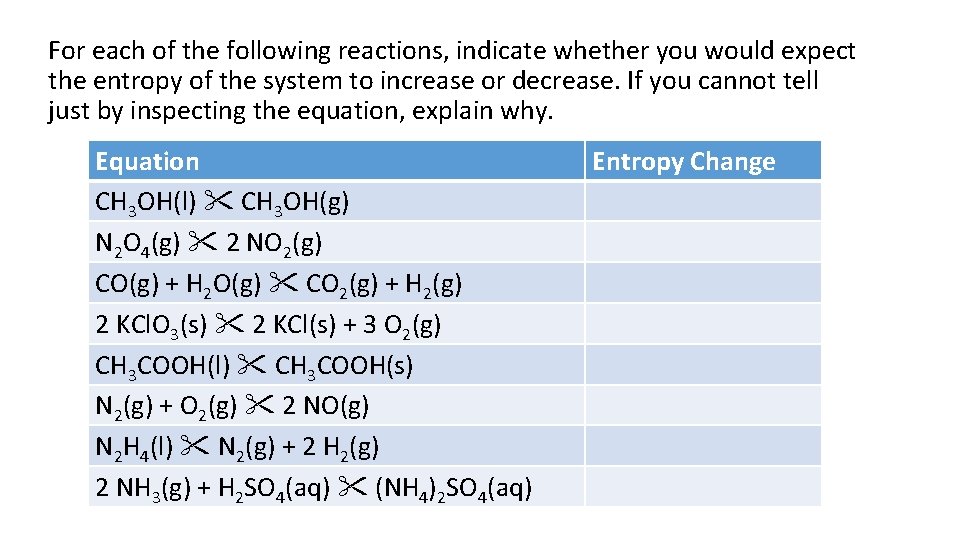 For each of the following reactions, indicate whether you would expect the entropy of