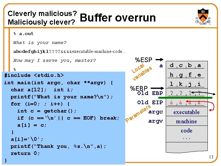 Cleverly malicious? Maliciously clever? Buffer overrun % a. out What is your name? abcdefghijkl?