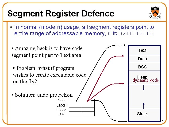 Segment Register Defence • In normal (modern) usage, all segment registers point to entire