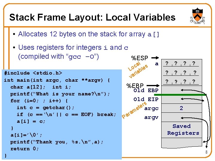 Stack Frame Layout: Local Variables • Allocates 12 bytes on the stack for array