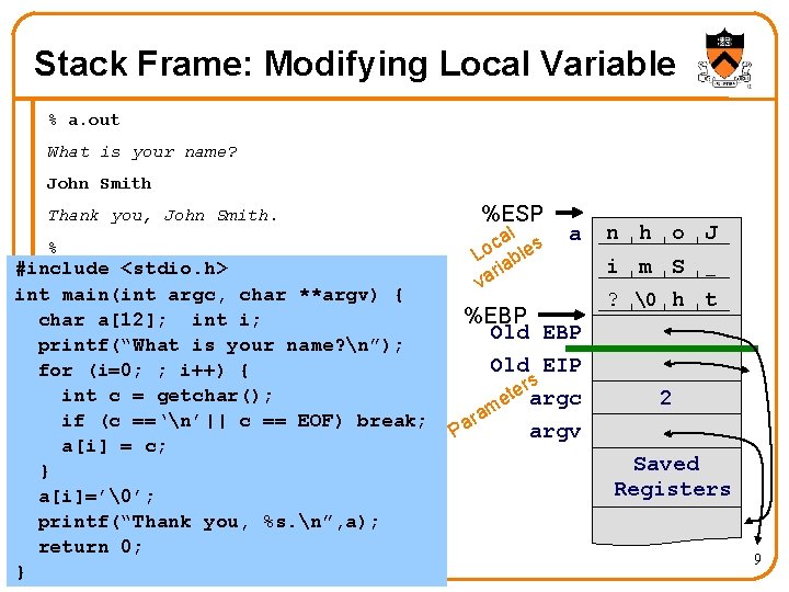 Stack Frame: Modifying Local Variable % a. out What is your name? John Smith