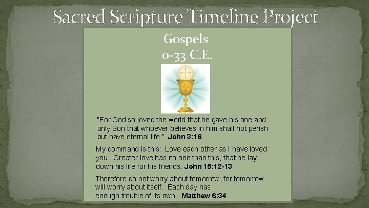 Sacred Scripture Timeline Project Gospels 0 -33 C. E. “For God so loved the