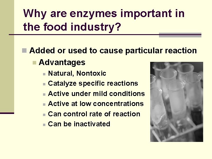 Why are enzymes important in the food industry? n Added or used to cause