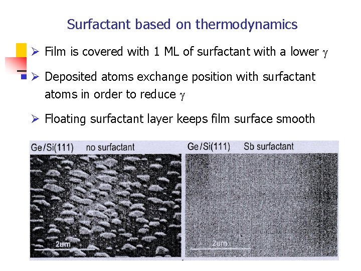 Surfactant based on thermodynamics Ø Film is covered with 1 ML of surfactant with