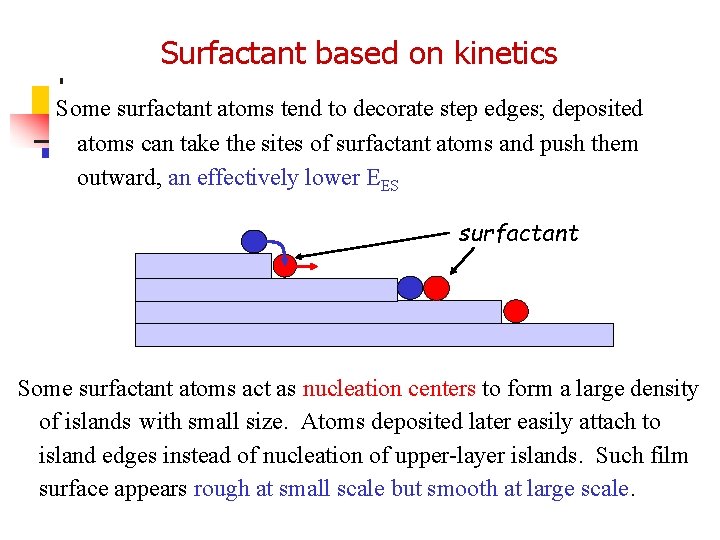 Surfactant based on kinetics Some surfactant atoms tend to decorate step edges; deposited atoms