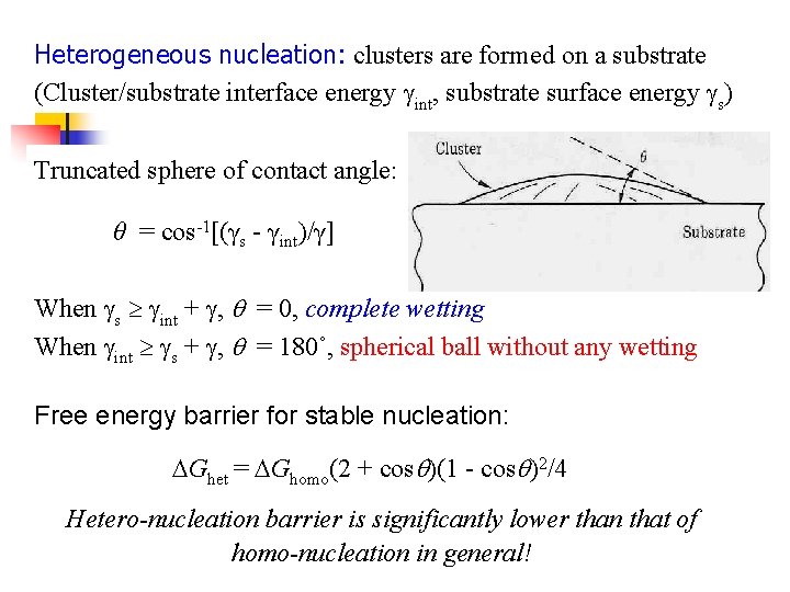 Heterogeneous nucleation: clusters are formed on a substrate (Cluster/substrate interface energy int, substrate surface