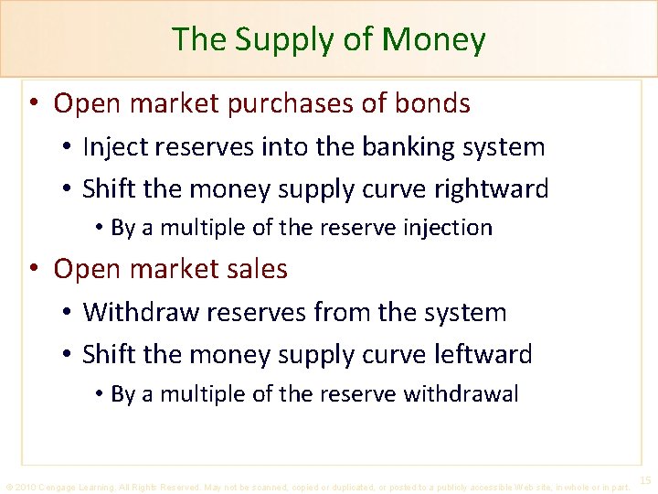 The Supply of Money • Open market purchases of bonds • Inject reserves into