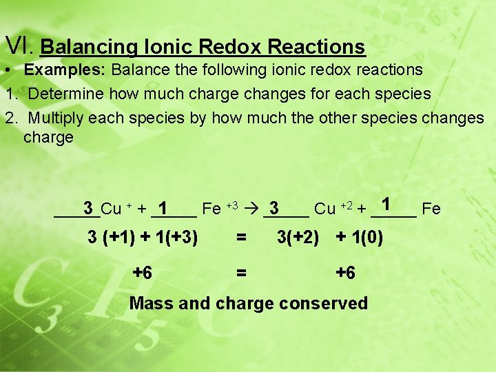 VI. Balancing Ionic Redox Reactions • Examples: Balance the following ionic redox reactions 1.