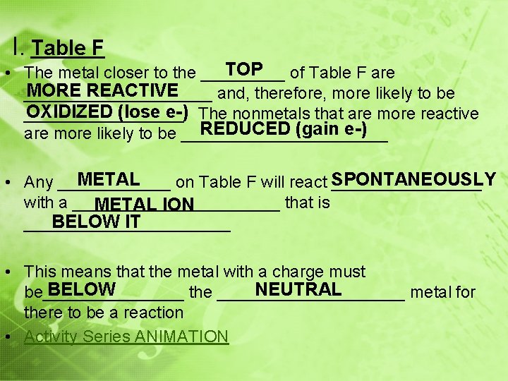 I. Table F TOP of Table F are • The metal closer to the