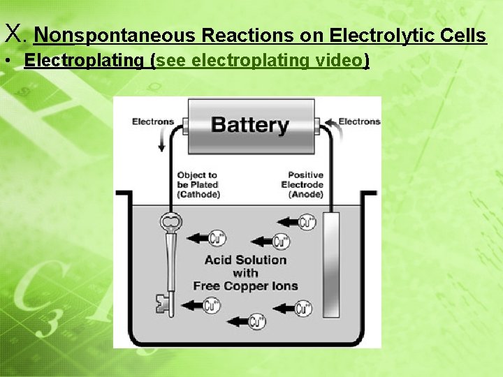 X. Nonspontaneous Reactions on Electrolytic Cells • Electroplating (see electroplating video) 