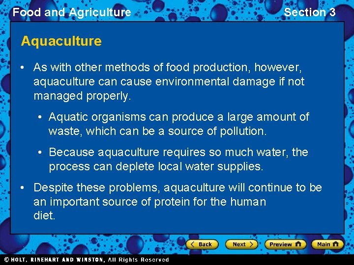 Food and Agriculture Section 3 Aquaculture • As with other methods of food production,