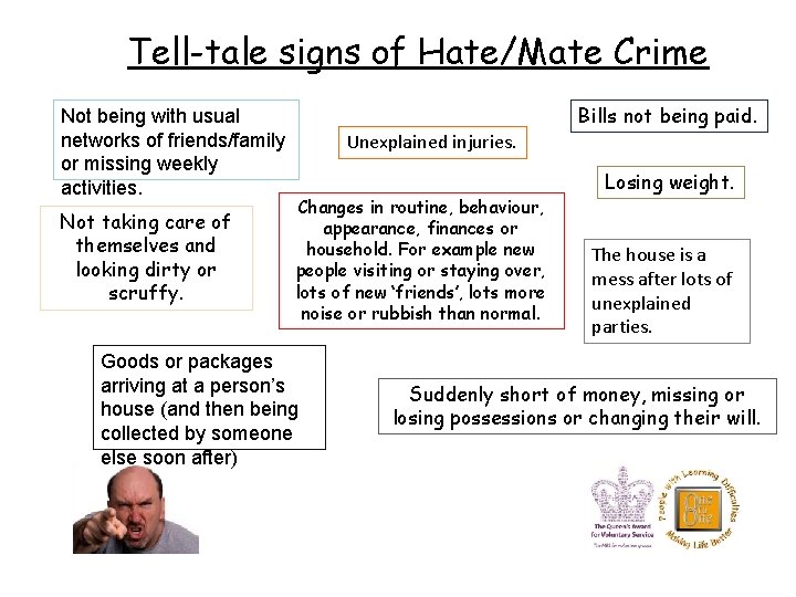 Tell-tale signs of Hate/Mate Crime Not being with usual networks of friends/family or missing
