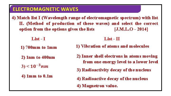 ELECTROMAGNETIC WAVES 4) Match list I (Wavelength range of electromagnetic spectrum) with list II.