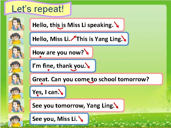 Let’s repeat! Hello, this is Miss Li speaking. Hello, Miss Li. This is Yang