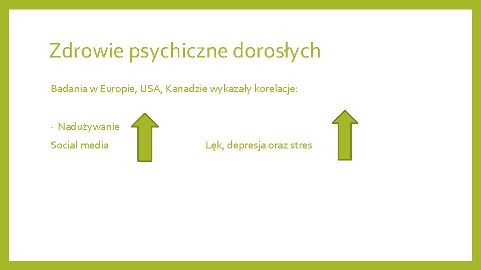 Zdrowie psychiczne dorosłych Badania w Europie, USA, Kanadzie wykazały korelacje: - Nadużywanie Social media