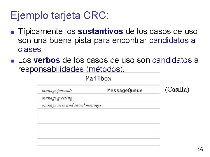 Ejemplo tarjeta CRC: Típicamente los sustantivos de los casos de uso son una buena