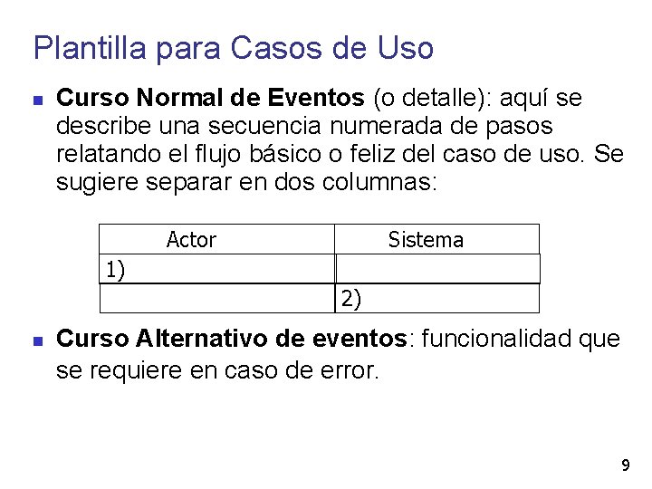 Plantilla para Casos de Uso Curso Normal de Eventos (o detalle): aquí se describe