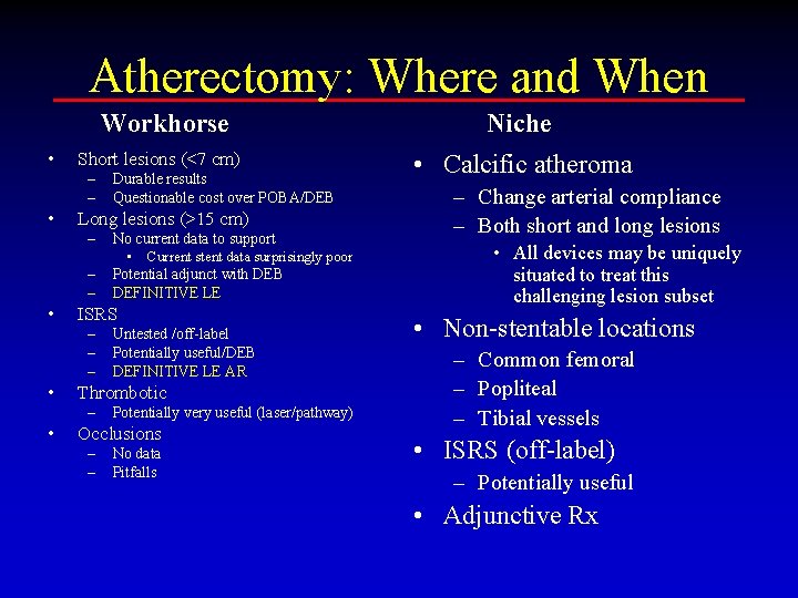 Atherectomy: Where and When Workhorse • Short lesions (<7 cm) – – • Long