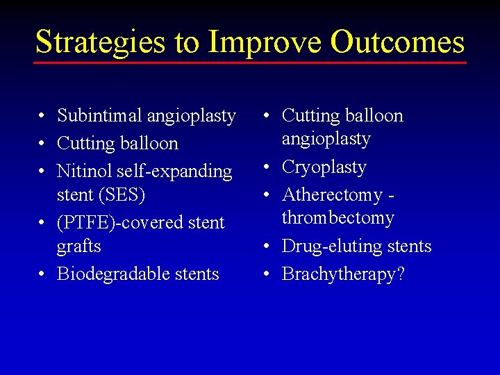 Strategies to Improve Outcomes • Subintimal angioplasty • Cutting balloon • Nitinol self-expanding stent