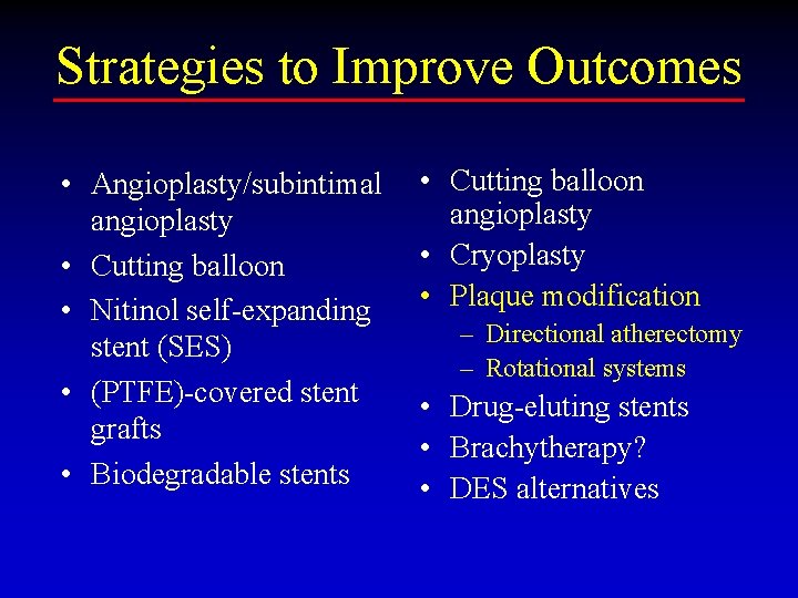 Strategies to Improve Outcomes • Angioplasty/subintimal angioplasty • Cutting balloon • Nitinol self-expanding stent