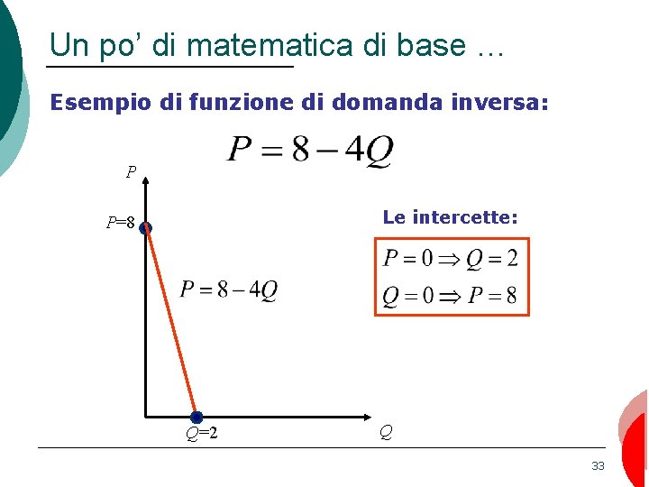 Un po’ di matematica di base … Esempio di funzione di domanda inversa: P