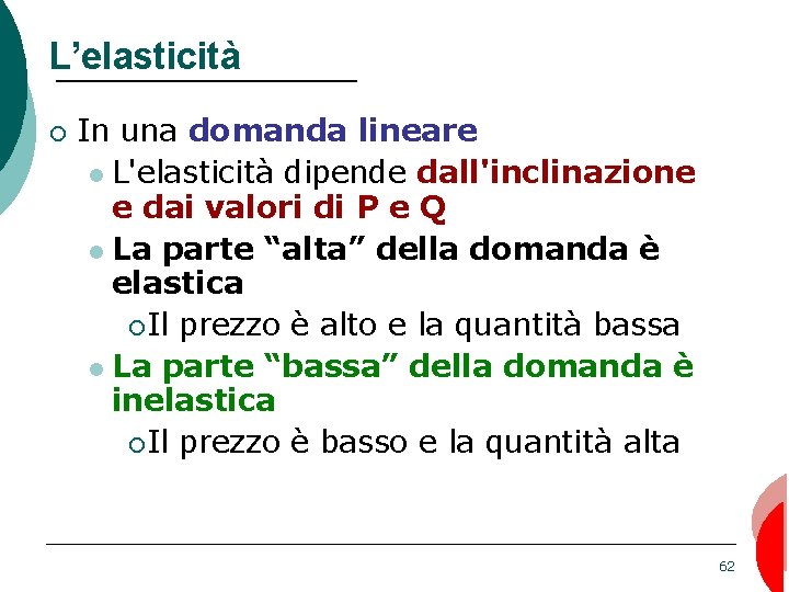 L’elasticità ¡ In una domanda lineare l L'elasticità dipende dall'inclinazione e dai valori di