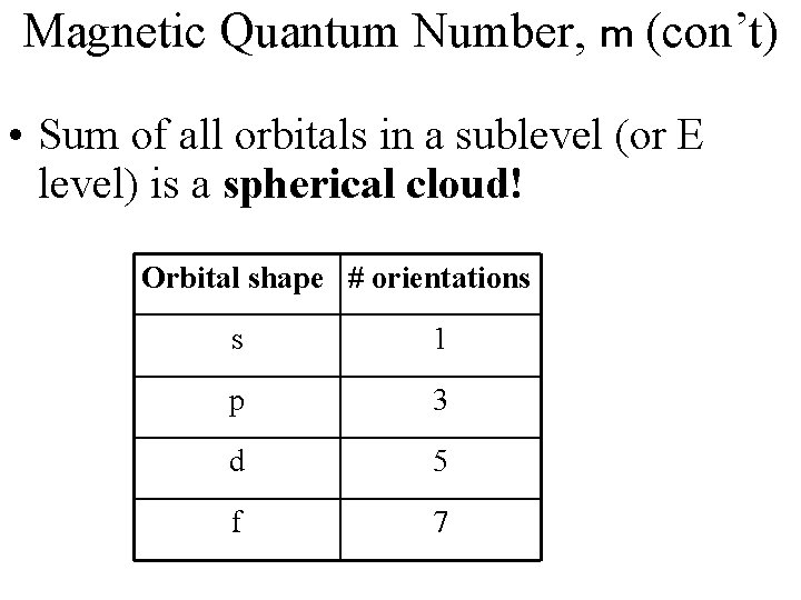 Magnetic Quantum Number, m (con’t) • Sum of all orbitals in a sublevel (or