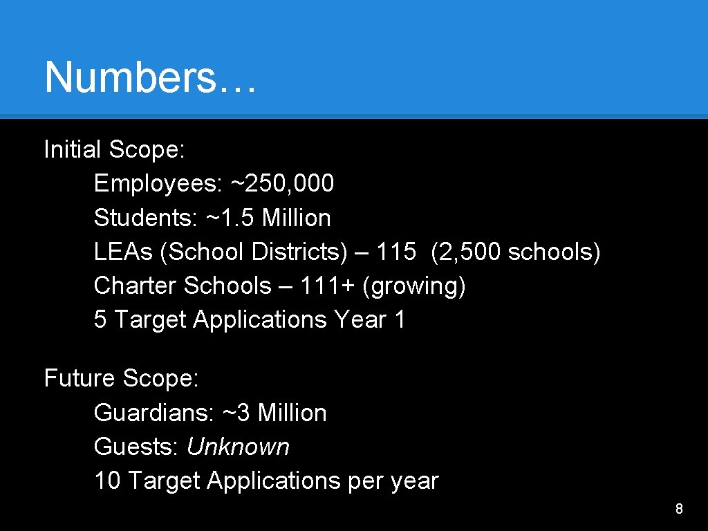 Numbers… Initial Scope: Employees: ~250, 000 Students: ~1. 5 Million LEAs (School Districts) –